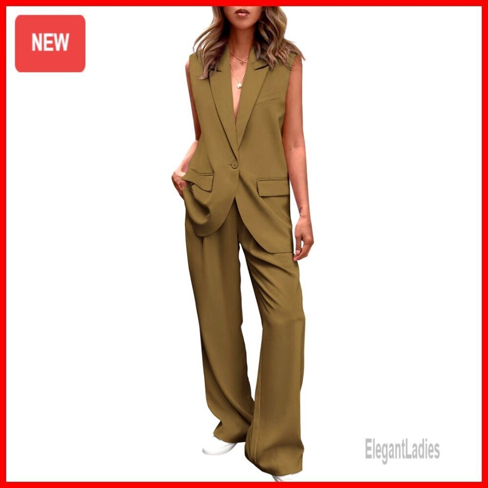 Women's Sleeveless Vest and Wide Leg Pants Business Casual Suit Set